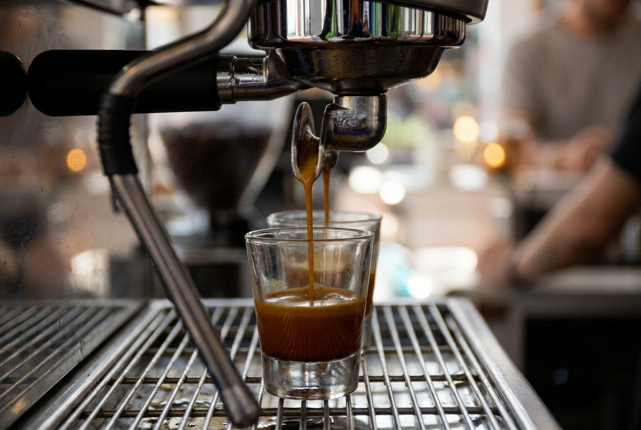 Espresso pouring into a ceramic cup at Insomnia Coffee